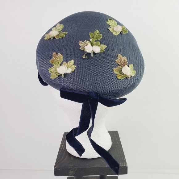 Vtg Original Touster Teentype Women's 3D Floral Blue Wicker Calot Hat Velvet Bow - Picture 9 of 12